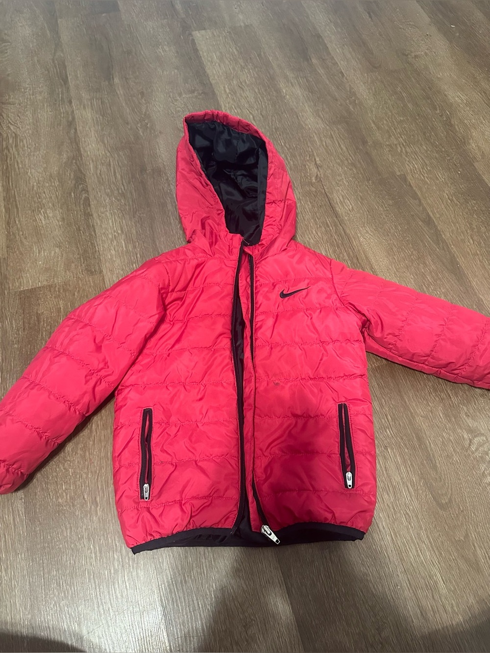 Nike Kids Red Hooded Puffer Jacket with Black Trim